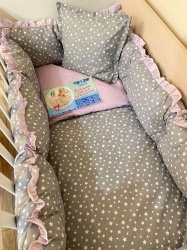 Бебешки спален комплект 8 части с обиколници "Звездички / Лилаво" - 120/60