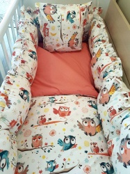 Бебешки спален комплект 8 части с обиколници "Бухалчета" - 120/60