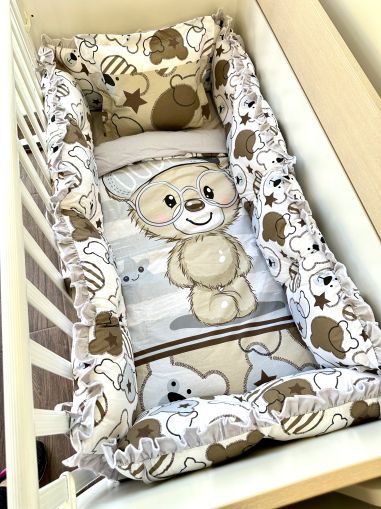 Луксозен бебешки спален комплект 8 части с обиколници "Бежово мече - Dude" - 120/60см