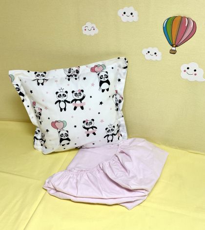 Долен чаршаф с ластик + калъфка - "Розови панди"