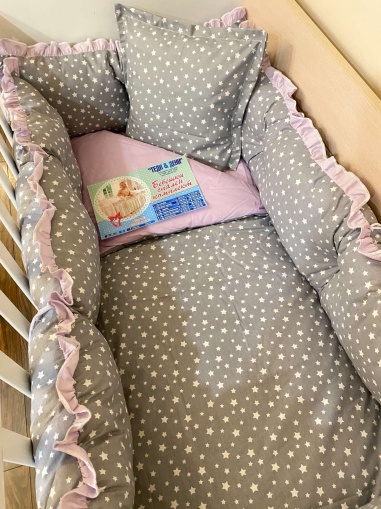 Бебешки спален комплект 8 части с обиколници "Звездички / Лилаво" - 120/60