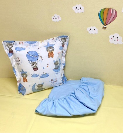 Долен чаршаф с ластик + калъфка - "Сини балончета"