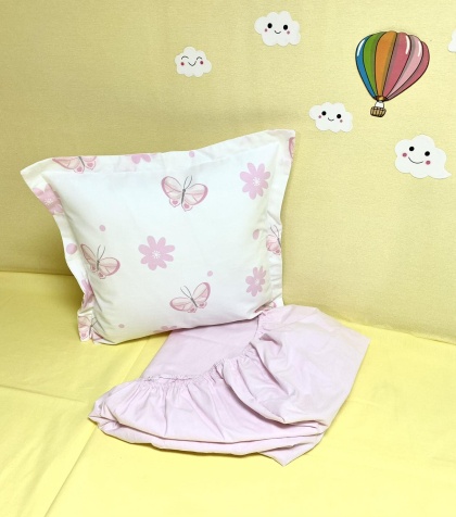 Долен чаршаф с ластик + калъфка - "Розови пеперудки"