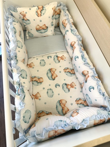 Бебешки спален комплект 8 части с обиколници "Спящи мечета" - синьо