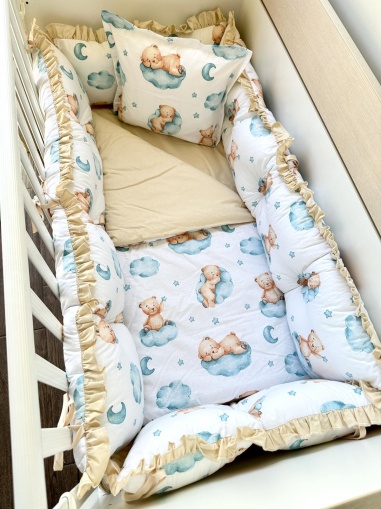 Бебешки спален комплект 8 части с обиколници "Спящи мечета" - синьо