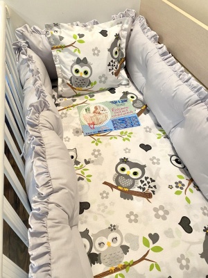 Бебешки спален комплект 8 части с обиколници "Бухалчета" - 140/70