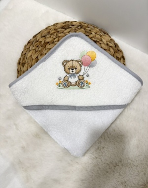 Бебешка бродирана хавлийка за баня "Мече с балончета" - сиво