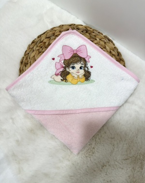 Бебешка бродирана хавлийка за баня "Момиченце с панделка" - розово
