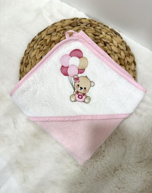 Бебешка бродирана хавлийка за баня "Мече с балончета" - розово