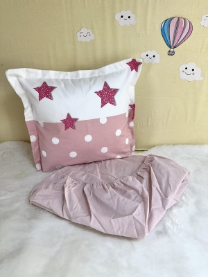 Долен чаршаф с ластик + калъфка - "Розови звездички"