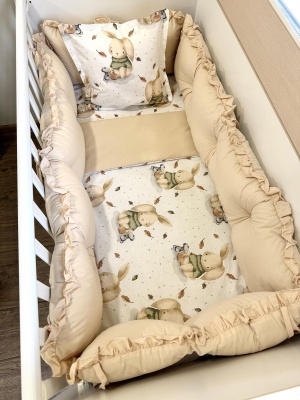 Бебешки спален комплект 8 части с обиколници "Зайче" - бежово 