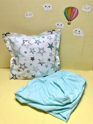 Долен чаршаф с ластик + калъфка - "Звездички" - мента