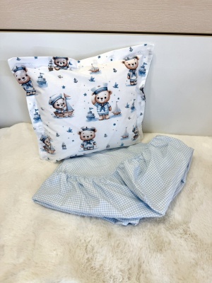 Долен чаршаф с ластик + калъфка - "Моряче" - синьо каре