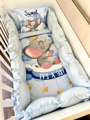 Луксозен бебешки спален комплект  8 части с обиколници "Слонче"
