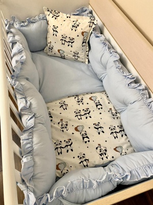 Бебешки спален комплект 8 части с обиколници "Сини панди"