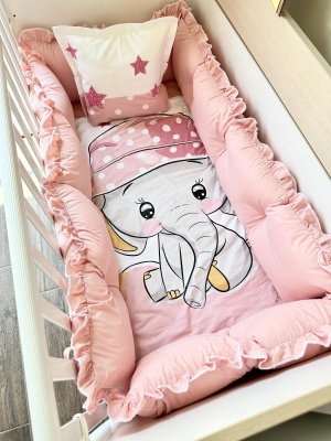 Луксозен бебешки спален комплект 8 части с обиколници "Розово слонче" - 1