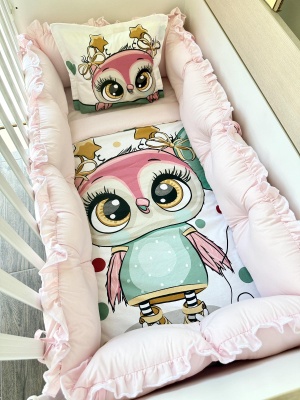 Луксозен бебешки спален комплект 8 части с обиколници "Веселото бухалче" 