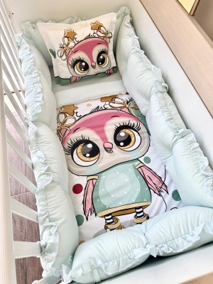 Луксозен бебешки спален комплект 8 части с обиколници "Веселото бухалче" 