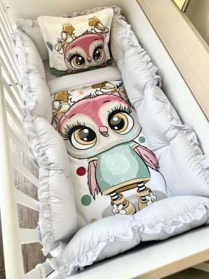 Луксозен бебешки спален комплект 8 части с обиколници "Веселото бухалче" 