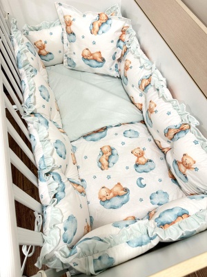 Бебешки спален комплект 8 части с обиколници "Спящи мечета" - синьо